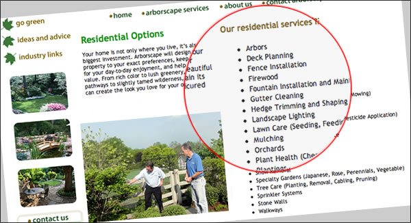 Screenshot of page landscaping website listing all services on one page.
